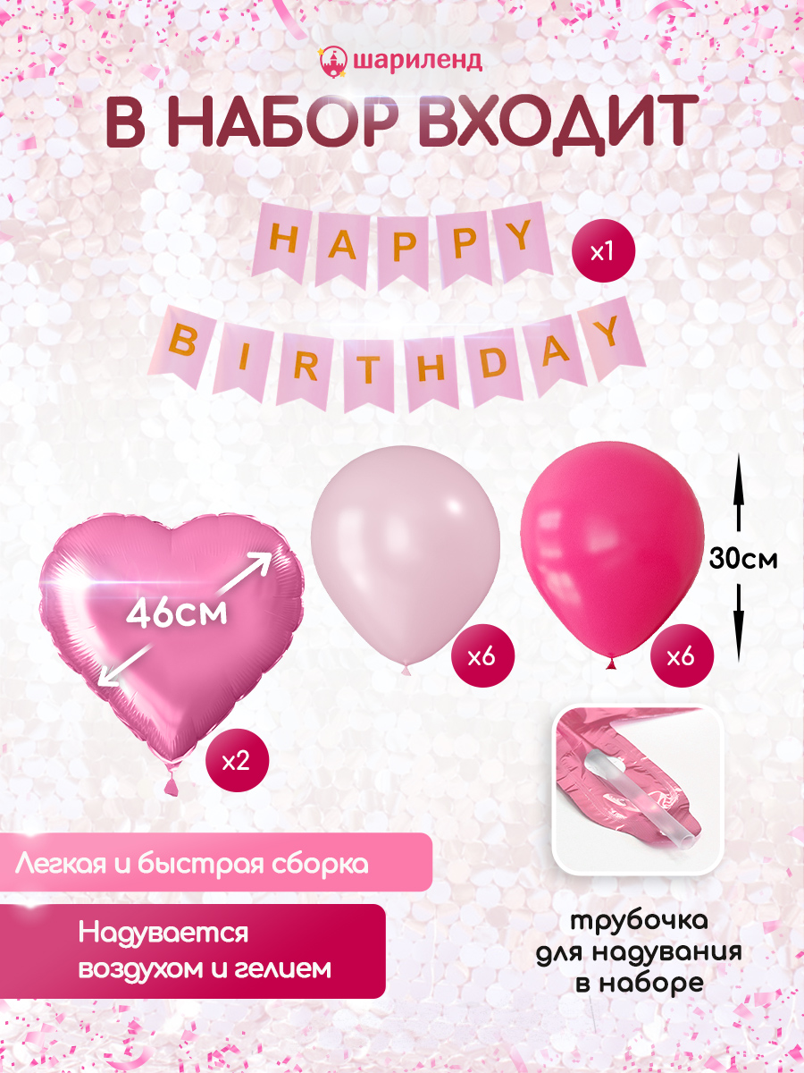 картинка Фотозона "Happy Bday" 15 предметов, розовый от магазина Шариленд