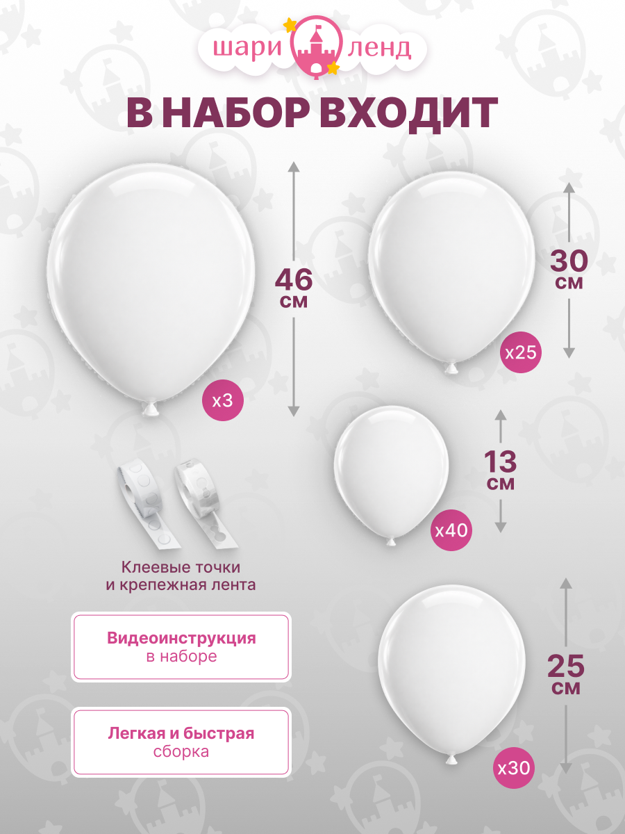 картинка Упаковка латексных шаров "Ярко Белый Монотон" 100 предметов, пастель от магазина Шариленд